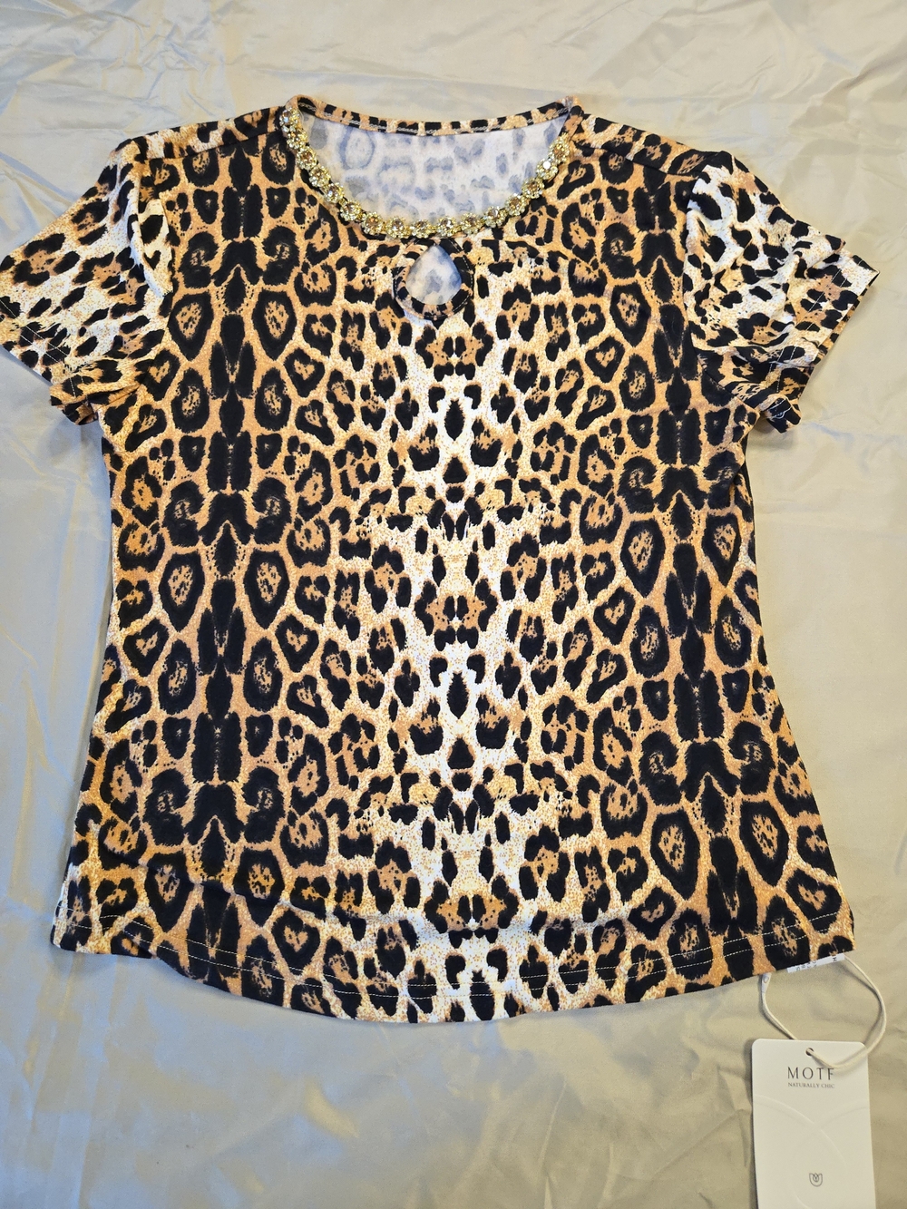 MOTF Leopard Print Short Sleeve Top with Jeweled Neckline - Brown/Black/White